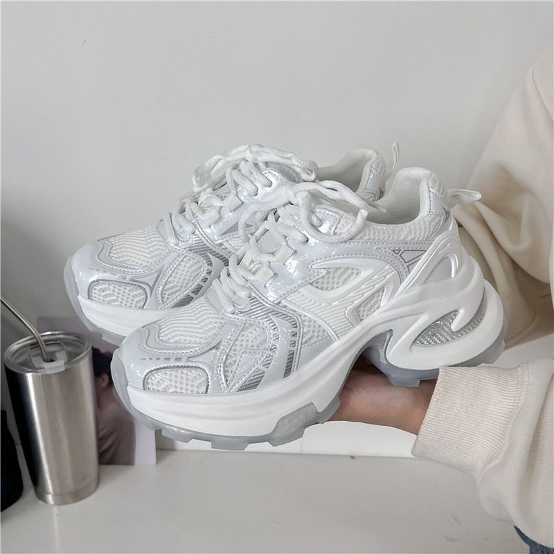 Sapatos femininos de sola grossa prateados para mulheres, primavera e verão, novos sapatos respiráveis que aumentam a altura, tendência de caminhada casual_voghion.com