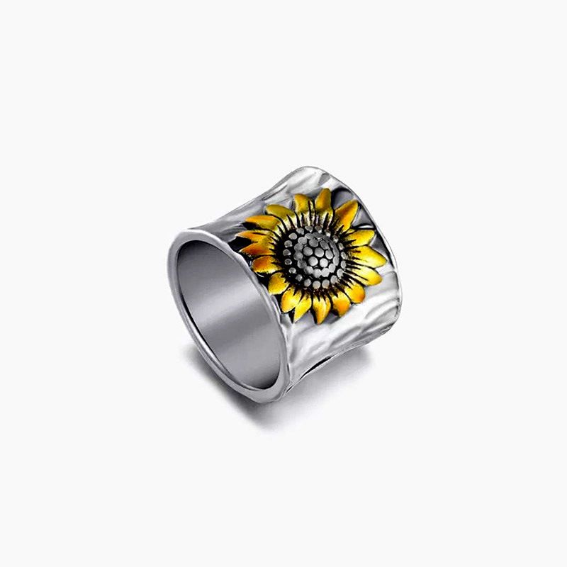 Cao Shi Wide Edition Couple Sunflower Pattern Ring, Sun Creative Ring_voghion.com