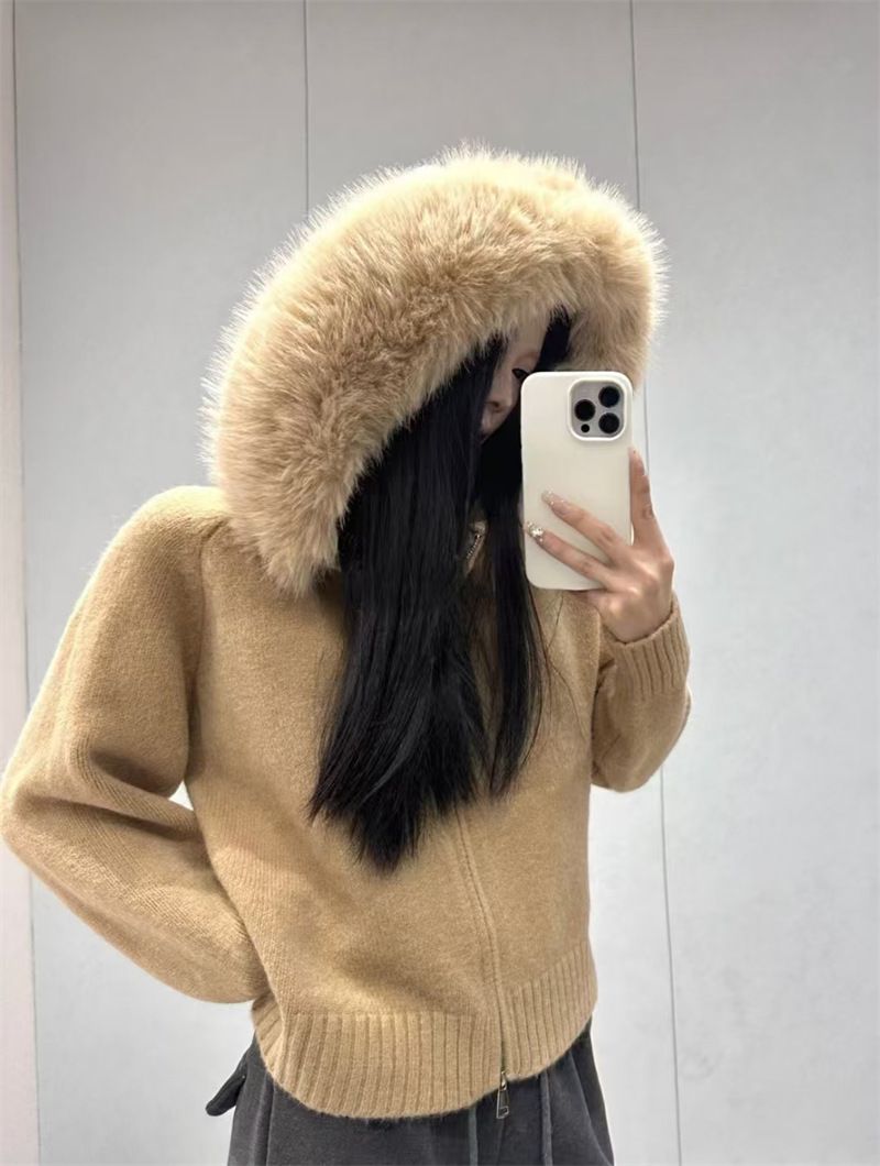 Vintage-Strickjacke mit Kapuze und Kunstpelzbesatz – gemütlicher Langarmpullover mit Reißverschluss für Damen (Schwarz, Khaki, Creme, Hellblau, Pink, Rauchgrau)_voghion.com