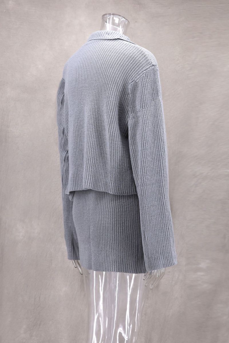Trendy Rib-Knit Sweater Dress Set With Flared Sleeves & Notched Collar - Autumn/Winter Matching Outfit (Grey/Ivory/Angora Red/Brown)_voghion.com