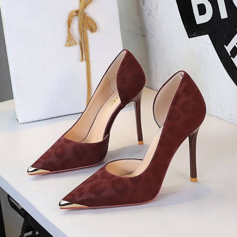 pointed Metal Side Air Shallow Mouth Single Shoes Women's Leopard Print One Pedal Stiletto High Heel Women's Shoes_voghion.com