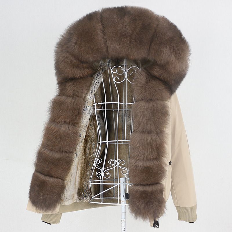 Damenbekleidung Parka im neuen Stil mit dickem Kaninchenfellfutter, abnehmbarem Kragen aus echtem Fuchspelz, Jacke, Pelzmantel für Damen_voghion.com