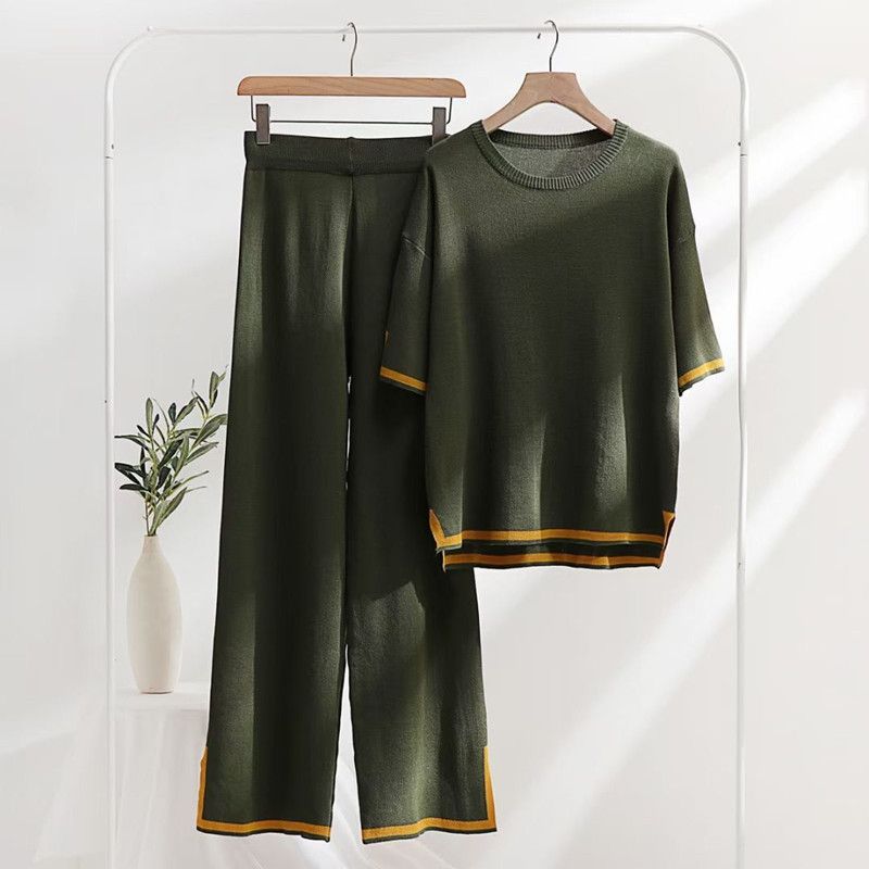 Abbigliamento da donna semplice giunzione maglione sciolto a maniche corte pantaloni con spacco superiore abito a due pezzi lavorato a maglia_voghion.com