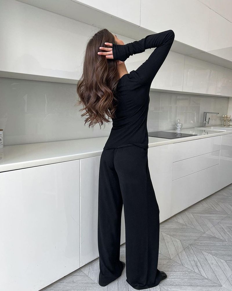2025 Lente Zwarte Melk Zijden Ronde Hals Dames Homewear Zachte Comfortabele Rekbare Pyjama Tweedelig Set_voghion.com