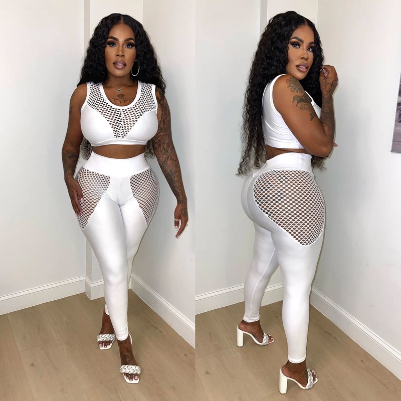 Women'S hollow mesh see-through sexy suit mesh patchwork vest and trousers two-piece set for women_voghion.com