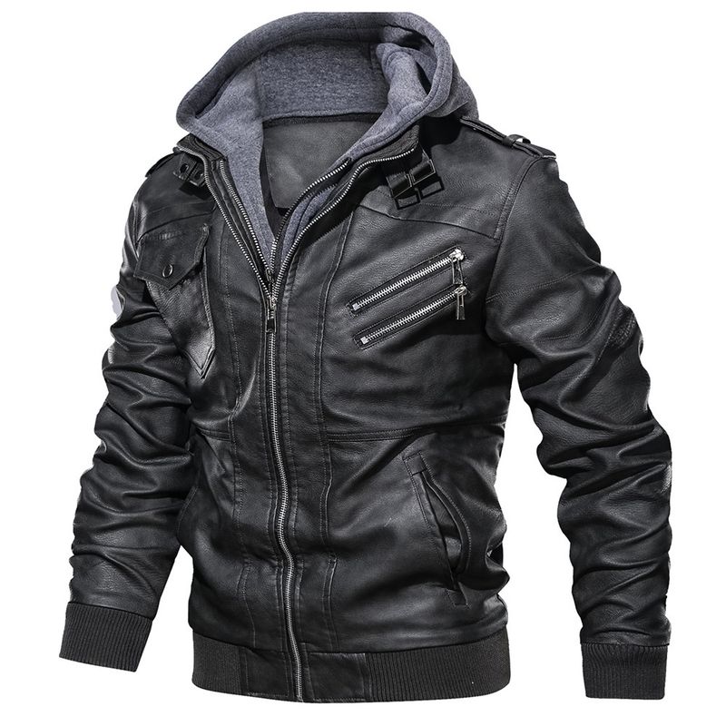 Men's Clothing leather jacket men's slim zipper PU motorcycle youth hooded coat jacket_voghion.com