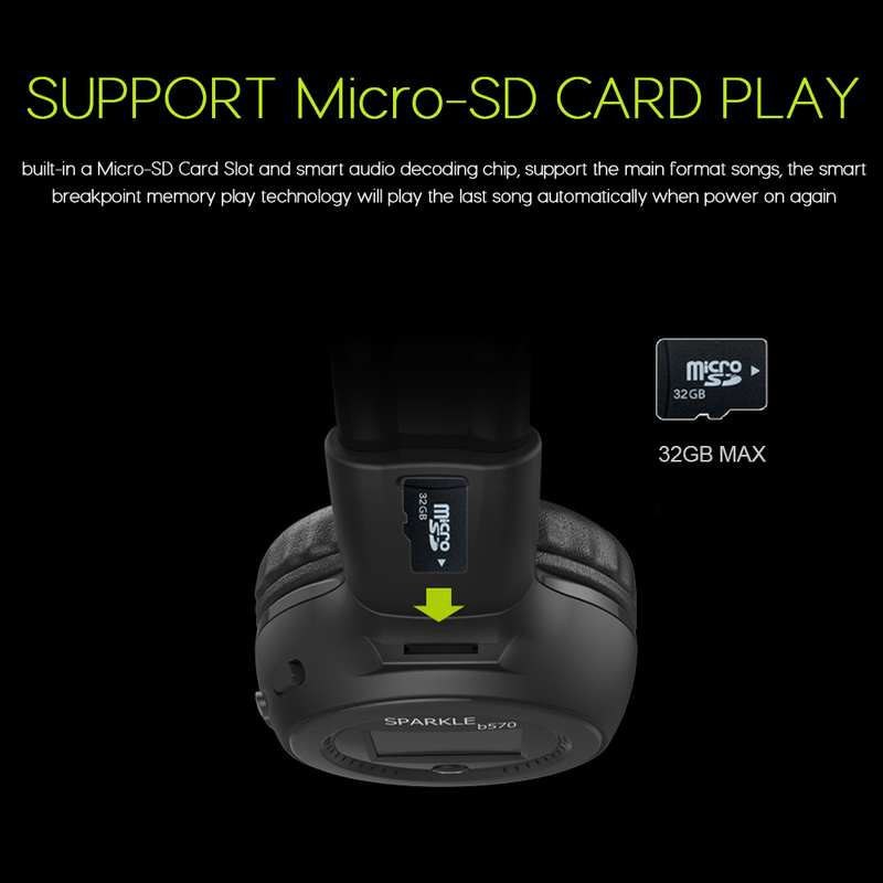 Fone de ouvido estéreo Bluetooth B570 HiFi sem fio com tela LCD e suporte para cartão Micro SD e microfone_voghion.com