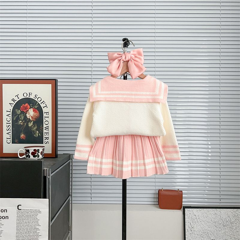 Mädchen Pullover Anzug 2023 Herbst Und Winter Neue Stil College Stil Zwei Stück Anzug Navy Stil Koreanische Version Gestrickte Bogen rock_voghion.com