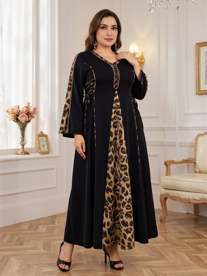 Elegante abito abaya musulmano da donna con finiture leopardate – Abito lungo a maniche lunghe e sobrio per donna, taglie forti 0XL-5XL_voghion.com