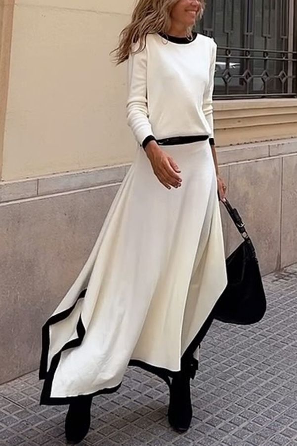 Zweiteiliges Set mit langärmeligem, unregelmäßigem, einfarbigem Rock für Damen_voghion.com