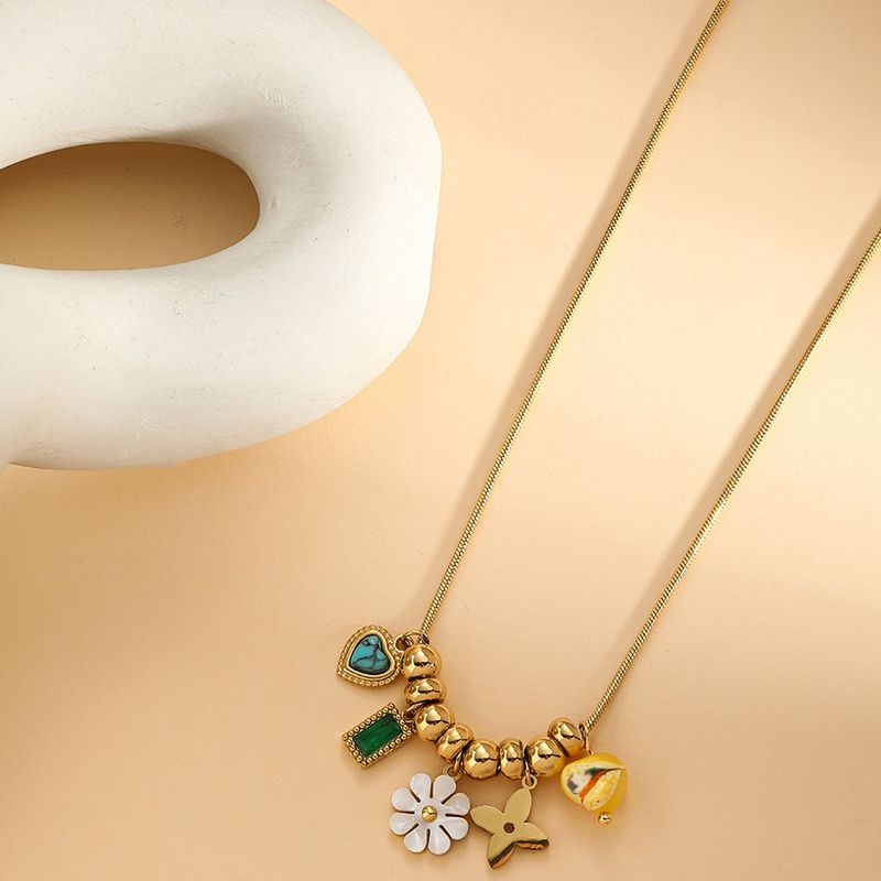 Collana con ciondolo a forma di fiore con ape in acciaio al titanio, creativa, perla, turchese, perlina, catena a forma di serpente e osso_voghion.com