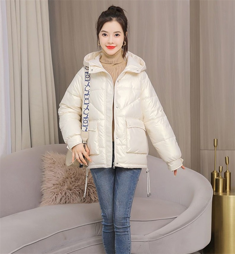 2023 nowych kobiet kurtka zimowa błyszcząca kurtka typu Parka luźny płaszcz podstawowy z kapturem bawełniane wyściełane kobiece parki kurtki studenckie_voghion.com