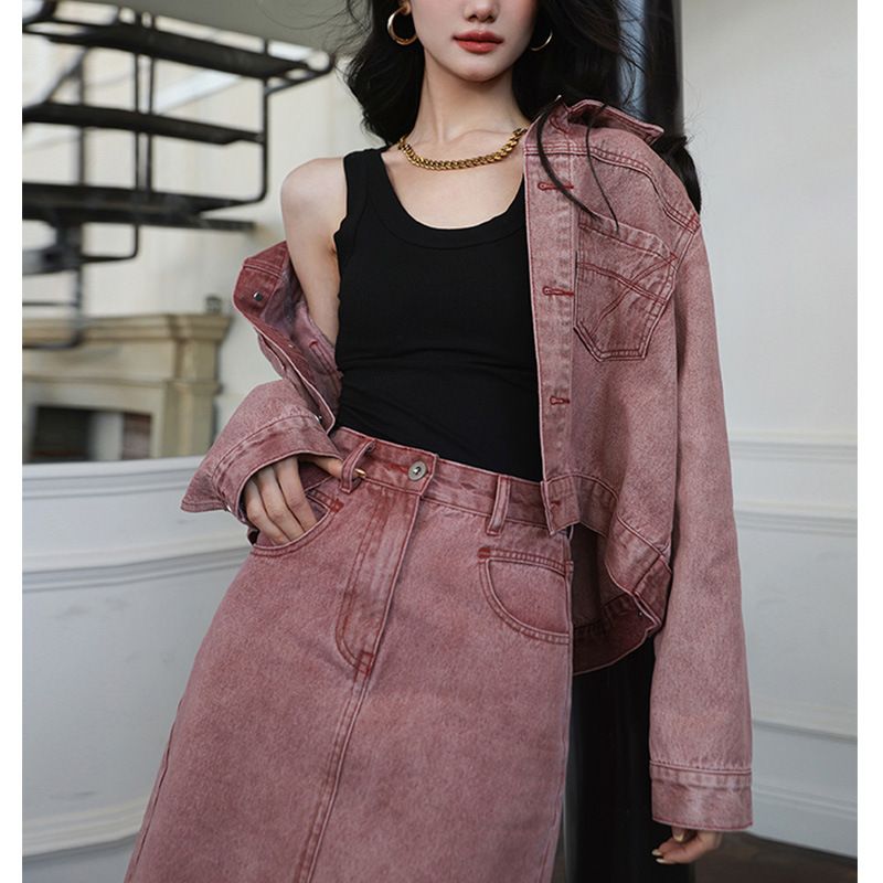 Veste courte en coton rose délavé pour femme, printemps 2023, avec un ensemble deux pièces élégant et sophistiqué._voghion.com