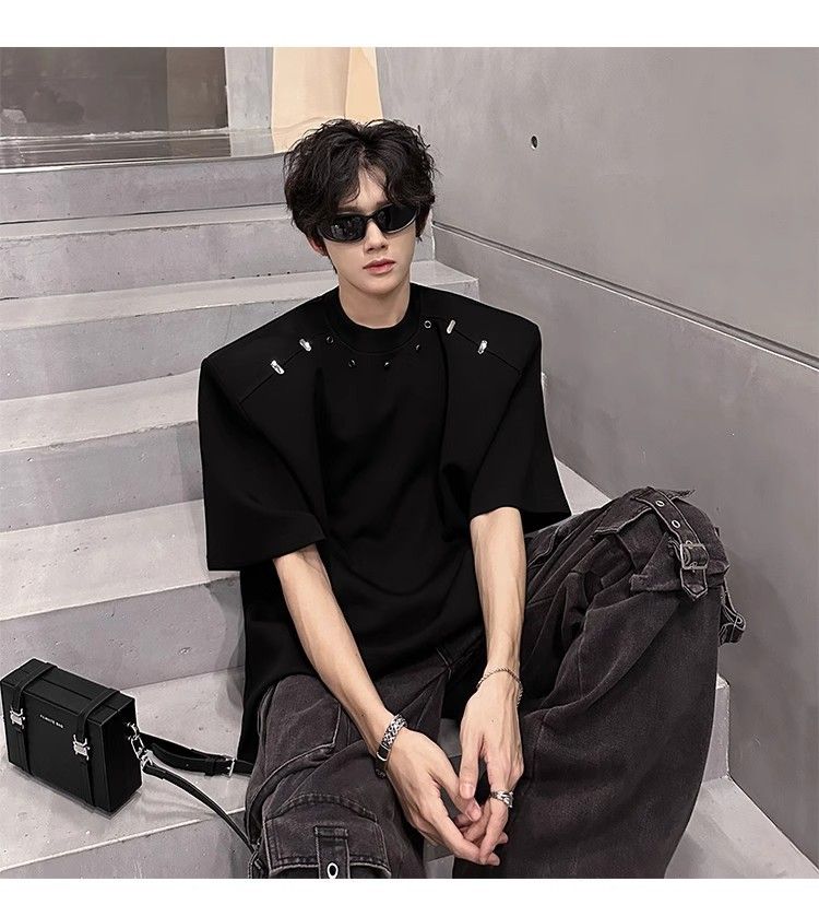 American High Street Short T-Shirt For Men Summer Trendy Loose Fit High-End Feel Padded Shoulder Versatile Five-Quarter_voghion.com