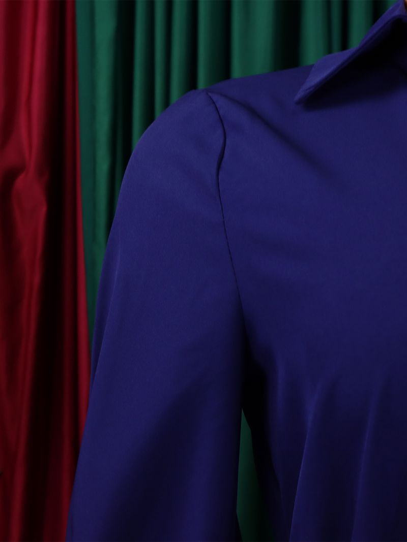 Abbigliamento da donna Nuovo alla moda con risvolto, manica lunga, vita alta, temperamento, plissettato, colore solido, abito_voghion.com