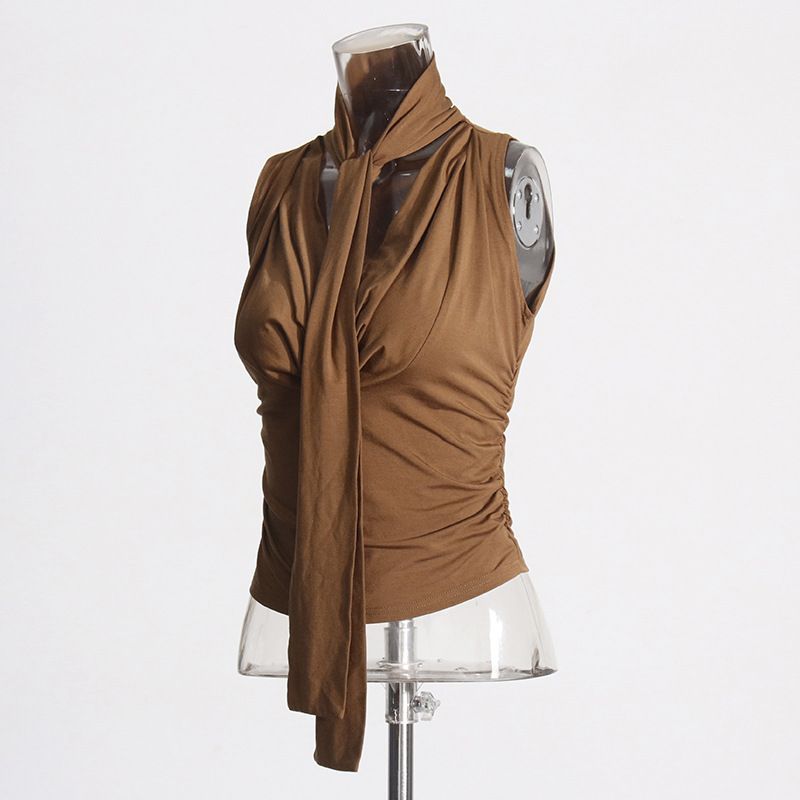 Abbigliamento da donna, top senza maniche con colletto a volant, nuovo temperamento, design con lacci plissettati, vestibilità attillata._voghion.com