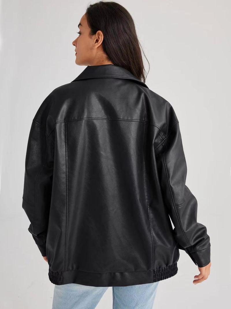 Women's Clothing Retro PU Leather Short Motorcycle Jacket For Women Autumn And Winter New Loose Leather Lapel Jacket_voghion.com