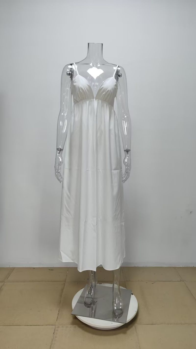 Robe trapèze sexy dos nu sans manches, couleur unie, col en V, jupe à bretelles_voghion.com