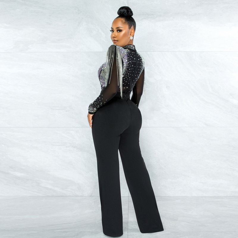 Vêtements pour femmes Mode Sexy Décontracté Mince Col Haut Transparent Strass Gland Combinaison Pour Femmes_voghion.com