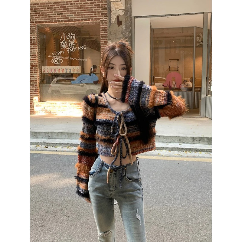 Stile coreano primavera autunno nuovo streetwear sexy cardigan a maniche lunghe da donna a righe in maglia abito a due pezzi_voghion.com