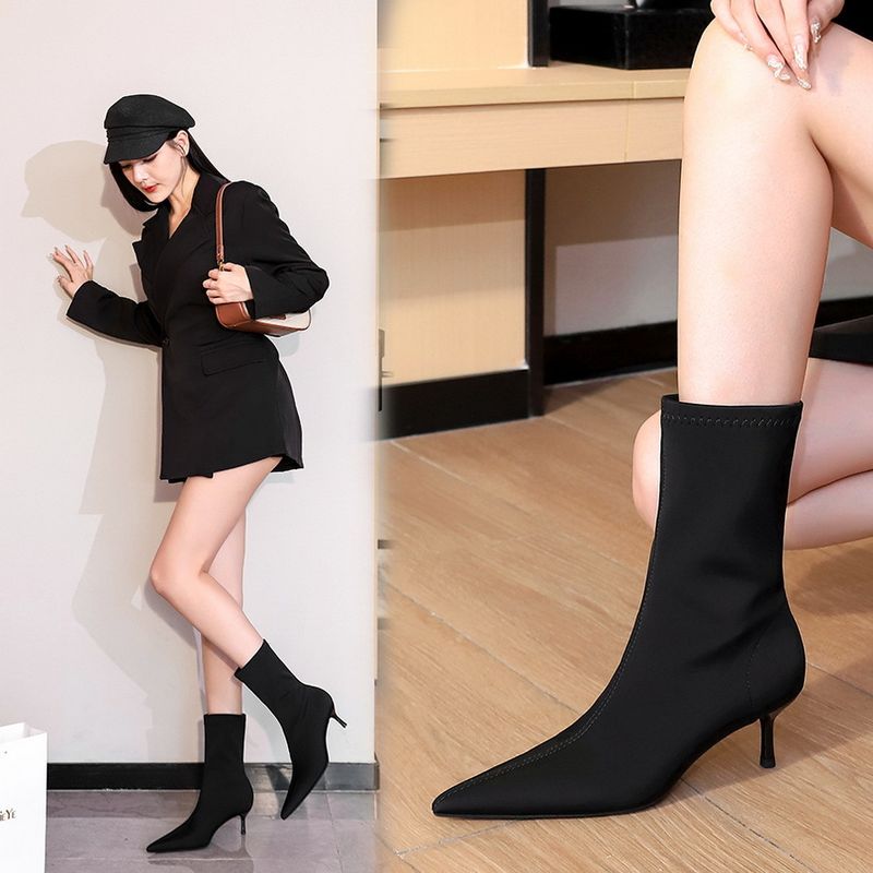 Adatto a tutte le stagioni 328-1 Stivali corti da donna alla moda, semplici, sottili, con tacco alto, bassi, punta affilata, elasticizzati in Lycra, snelli e modellanti per i piedi_voghion.com