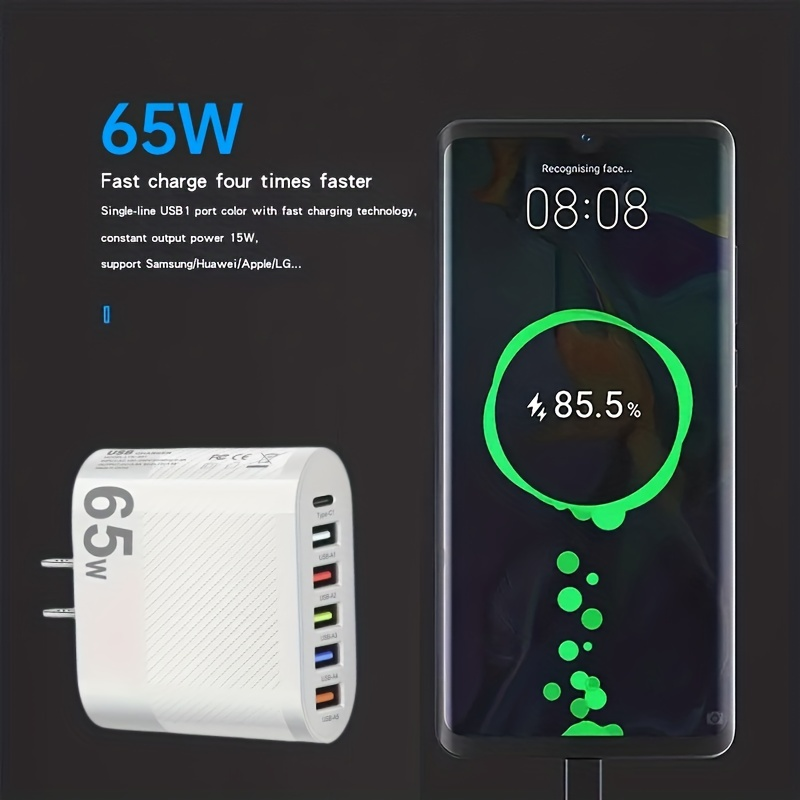 Universele 65W 6-poorten snel opladen PD-wandladers Snel opladen, USB-C-reisadapter met meerdere poorten voor_voghion.com