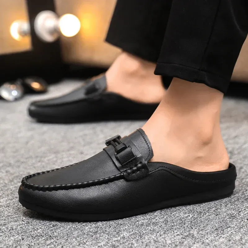 Leather Men Half Slippers Summer Breathable Mens Casual Shoes Slip-on Lazy Driving Shoes Comfortable Walking Loafers Moccasins_voghion.com