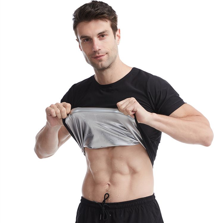 Vêtements de sport à couverture complète, revêtement argenté, réduisant la transpiration, réduisant la graisse, modelant le corps, manches courtes, col rond, noir, vêtements de yoga et de sauna_voghion.com