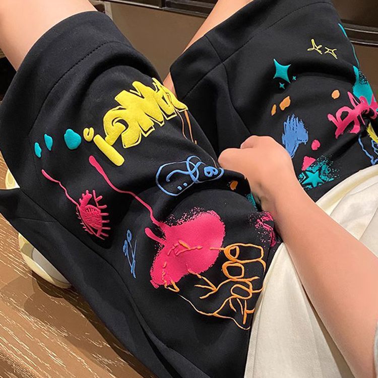 Pantalones cortos deportivos con grafiti de primera calidad para hombre, de verano, de marca, de gran tamaño, estilo urbano, con efecto dopamina a juego._voghion.com