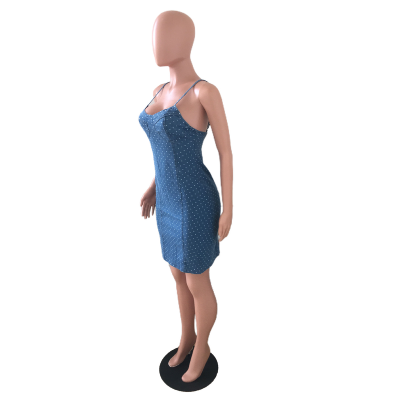 Abito in denim attillato a pois con gonna allacciata alla caviglia sexy alla moda da donna_voghion.com