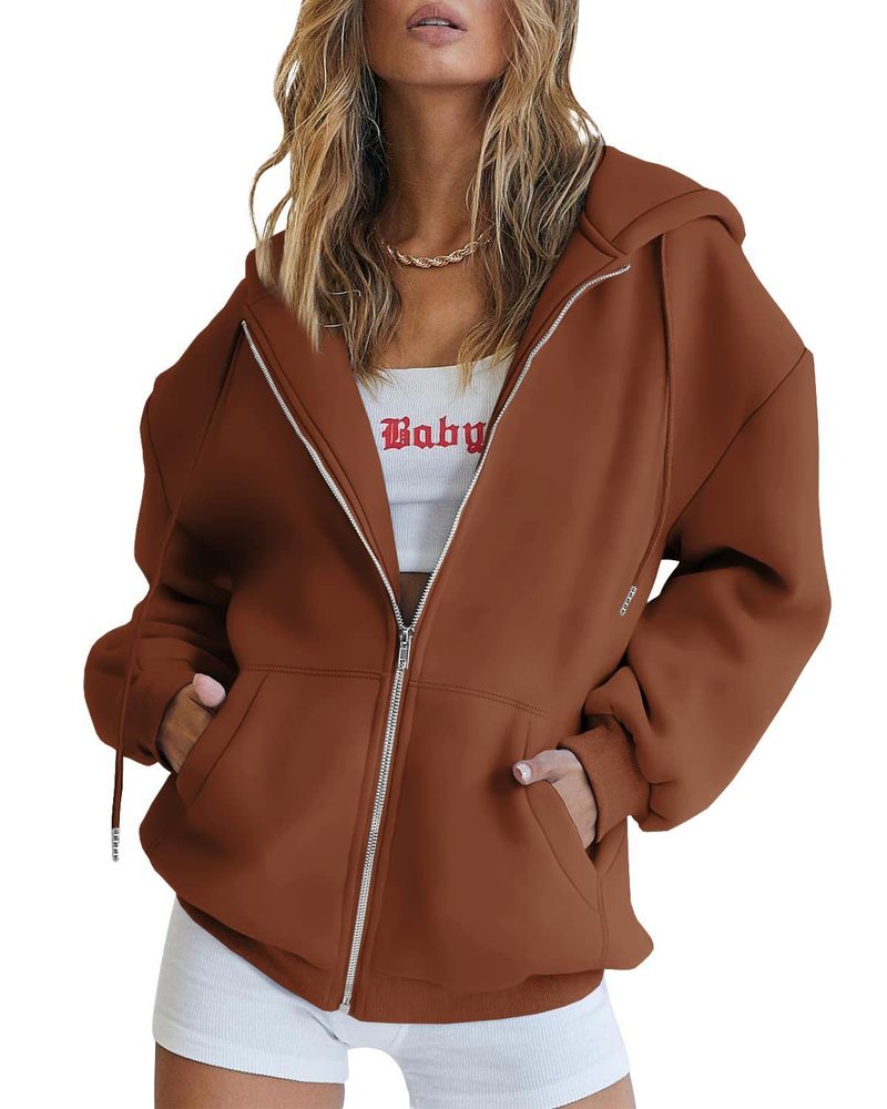 Women's Clothing Women's Cute Hooded Jacket With Drawstring - Oversized Zip-Up Sweatshirt For Teens & Girls - Cozy Fall Outerwear In Multiple Colors_voghion.com