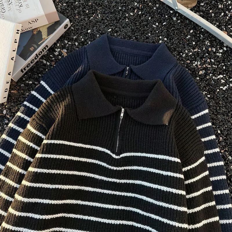 Men’s Oversized Knit Sweater – Retro Half-Zip Pullover With Shawl Collar_voghion.com