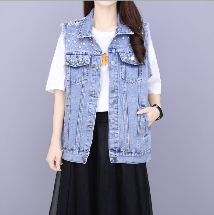 Chaqueta vaquera de manga larga para mujer, chaqueta vaquera holgada con botones y perlas, solapa corta, informal salvaje, entrega rápida, novedad de otoño de 2023_voghion.com