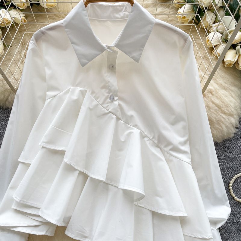 Camicia a maniche lunghe con volant irregolari e design di nicchia per abbigliamento da donna, camicetta con peplo asimmetrico, camicia casual ampia a maniche lunghe, elegante abbigliamento da ufficio_voghion.com