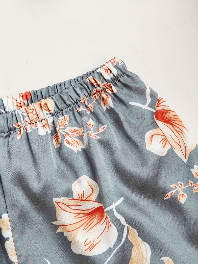 Neu Satin Dünne Drei-Stück Gedruckt Pyjamas Shorts Hosen Langarm Set frauen Homewear_voghion.com