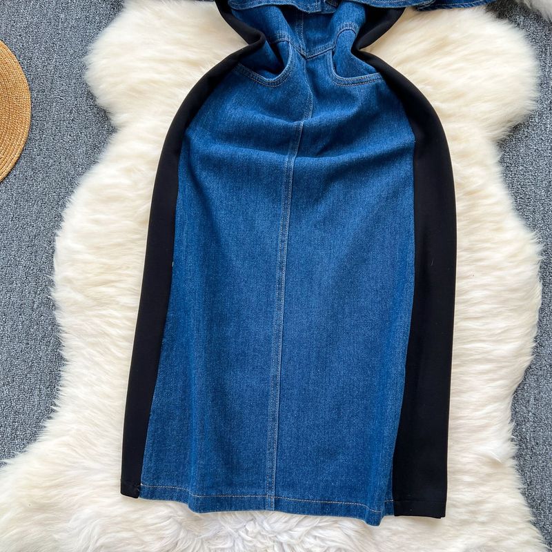 Nischen-High-End-Zweiteiler-Spleißen-Jeanskleid für Frauen Koreanische Version des Retro-Temperaments mit gerüschter Taille_voghion.com