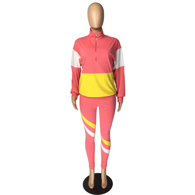 Zweiteiliger Freizeit-Sportanzug für Damen im Farb-Patchwork-Design_voghion.com