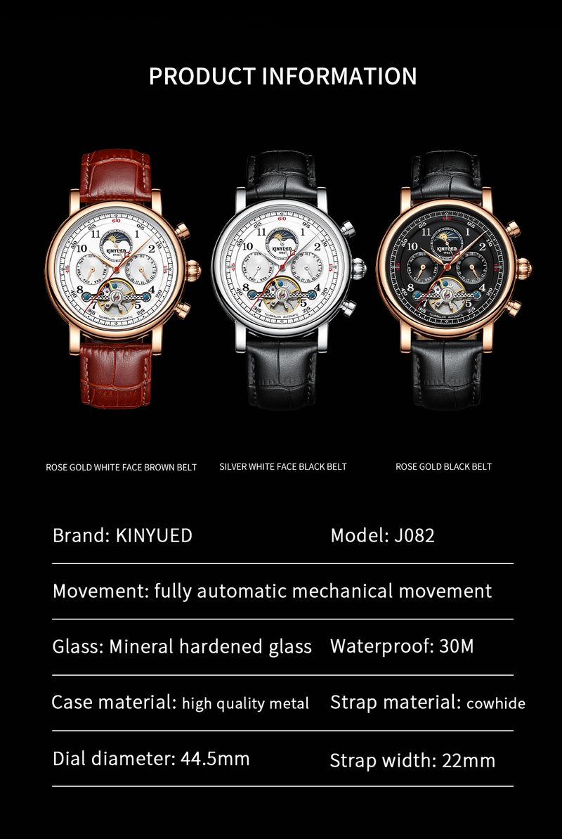 KINYUED Orologi da uomo di lusso, orologio meccanico automatico con fasi lunari, design cavo, cinturino in pelle, orologio da polso da uomo_voghion.com
