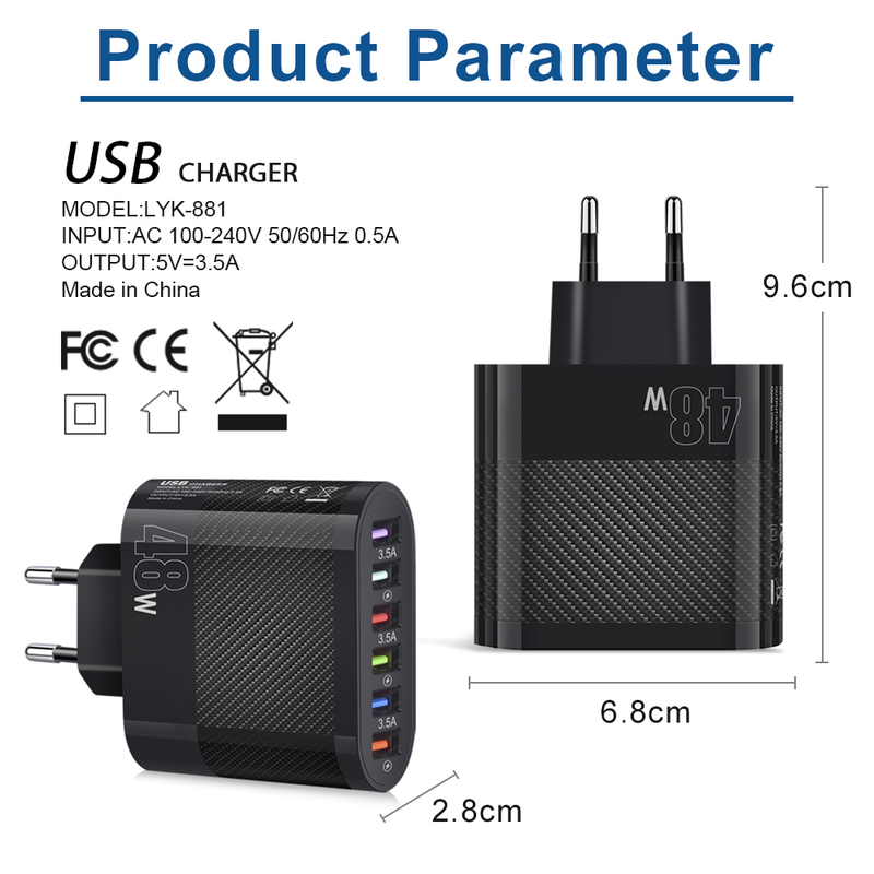 USB 6-Port Ladegerät 48W Schnellladung 3.0 QC3.0 Schnelllade-Wandtelefonadapter geeignet für iPhone 14 13 Xiao QC_voghion.com