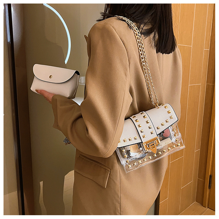 Borsa da donna trasparente con rivetto di tendenza transfrontaliera 2023 Borsa a tracolla semplice con catena New Chic estiva Borsa a tracolla all-match_voghion.com