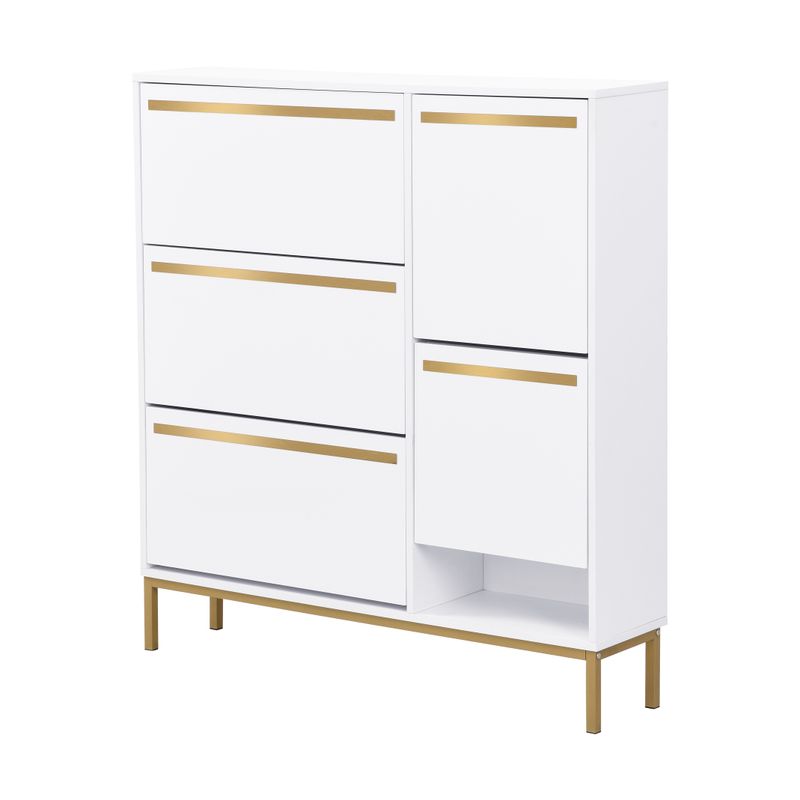Schuhschrank Mit Hocker, Klappbarem Regal, Glänzender Oberfläche_voghion.com