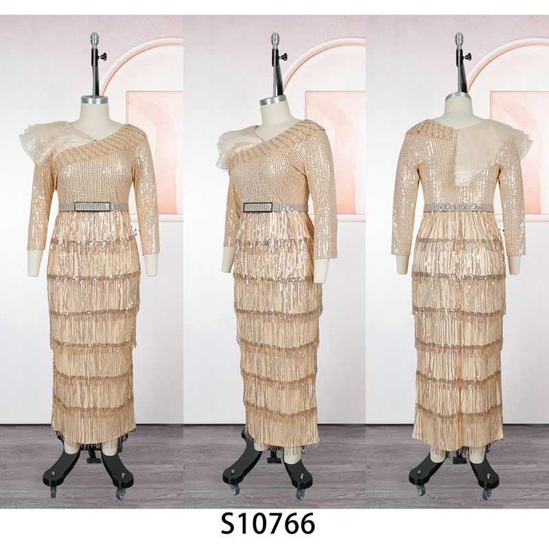 Plus Size Glitter Fringe Party Dress For Women - Elegant V-Neck Sequin Evening Gown With Layered Tulle Skirt (Wine Red, Royal Blue, Rose Purple)_voghion.com