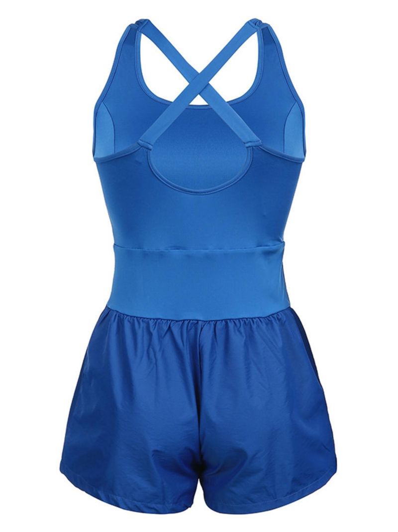 Tweedelige Illusion U-hals afslankende modieuze tanktop met aansluitende shorts, effen kleur, open rug, uitgeholde strakke romper voor dames_voghion.com