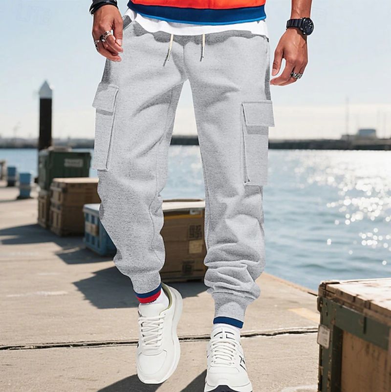 Pantalon de jogging cargo pour homme avec taille élastique et cordon de serrage - Pantalon décontracté multi-poches pour l'entraînement, la course et le quotidien (noir, rouge)_voghion.com