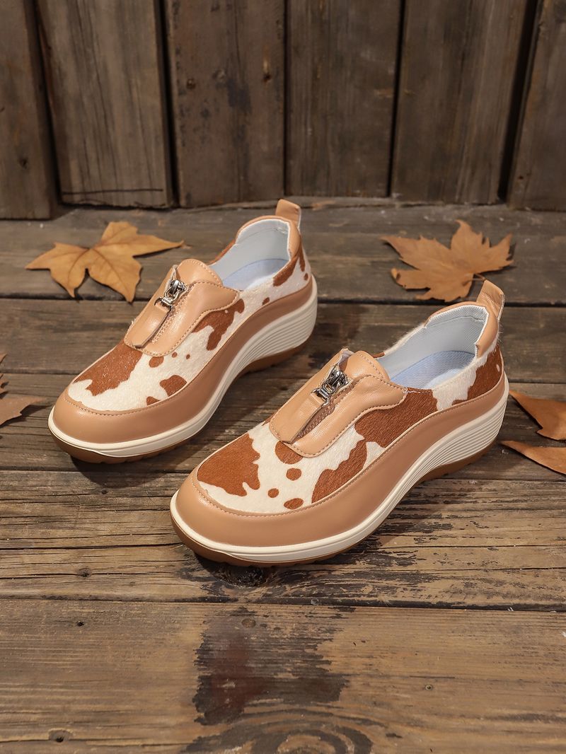 Damenschuhe große Freizeitschuhe farblich passende Leopardenmuster Keilabsatz dicke Sohle runde Zehen Slip-On-Schuhe_voghion.com
