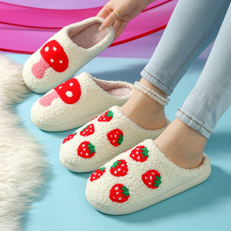 Pantofole in cotone ricamate con asciugamano a forma di cuore, arcobaleno, fragola e peluche invernale a forma di fungo sorridente_voghion.com