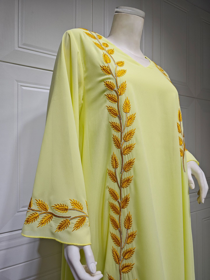 Damenmode Street Chiffon langes muslimisches besticktes rosafarbenes Rundhalskleid mit Hijab_voghion.com