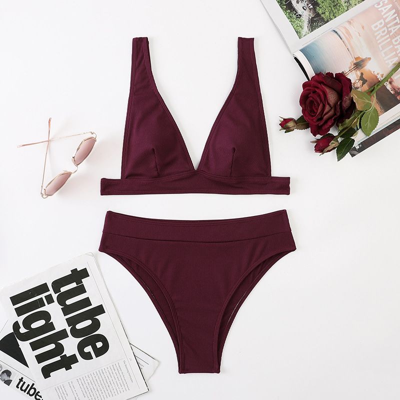 Verve New High-Waisted Small Ribbed Swimsuit For Women Solid Color Sexy Two-Piece Bikini Swimwear_voghion.com