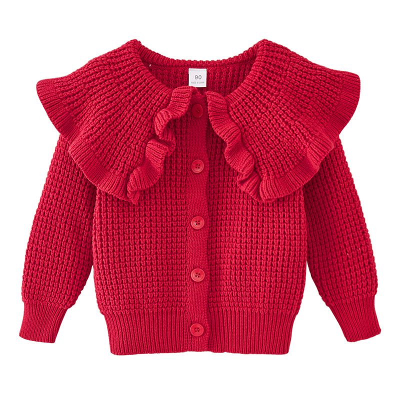 Modischer Pullover für Mutter und Kind, weicher Baumwoll-Strick-Cardigan für Babys und Mädchen – stylischer Pullover mit Rundhalsausschnitt und langen Ärmeln (Rot, Creme), Größen 80–120 cm_voghion.com