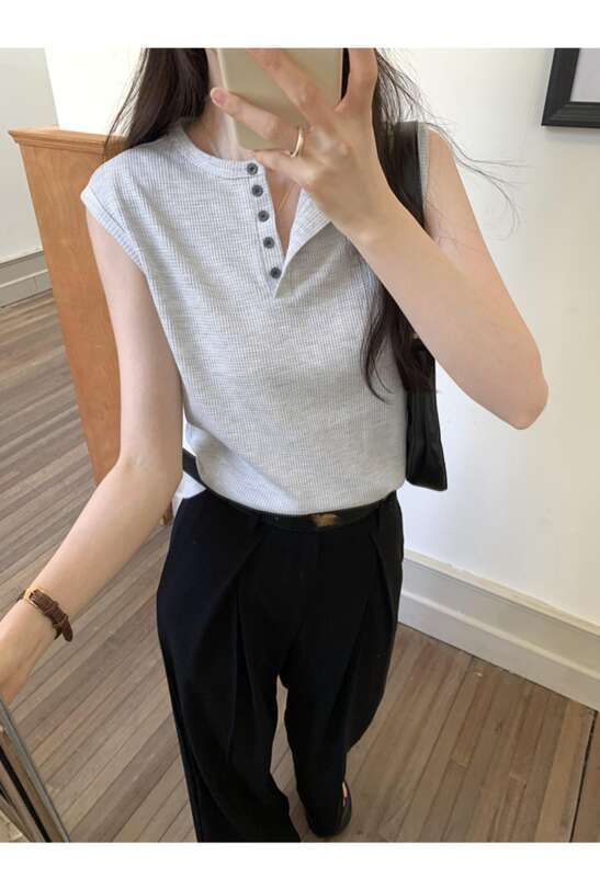 Amerikkalainen hihaton urheilullinen pyöreä kaula-aukkoinen napitettava löysä vohveliliivi naisten kesätoppi 67502_voghion.com